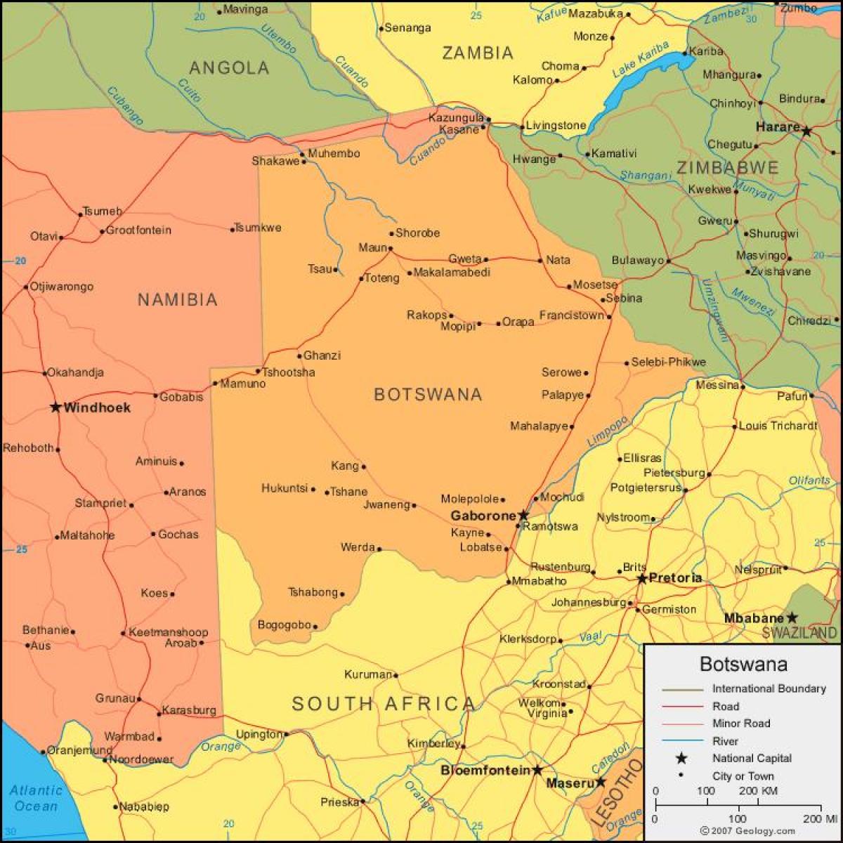 地図のボツワナを示すすべての村