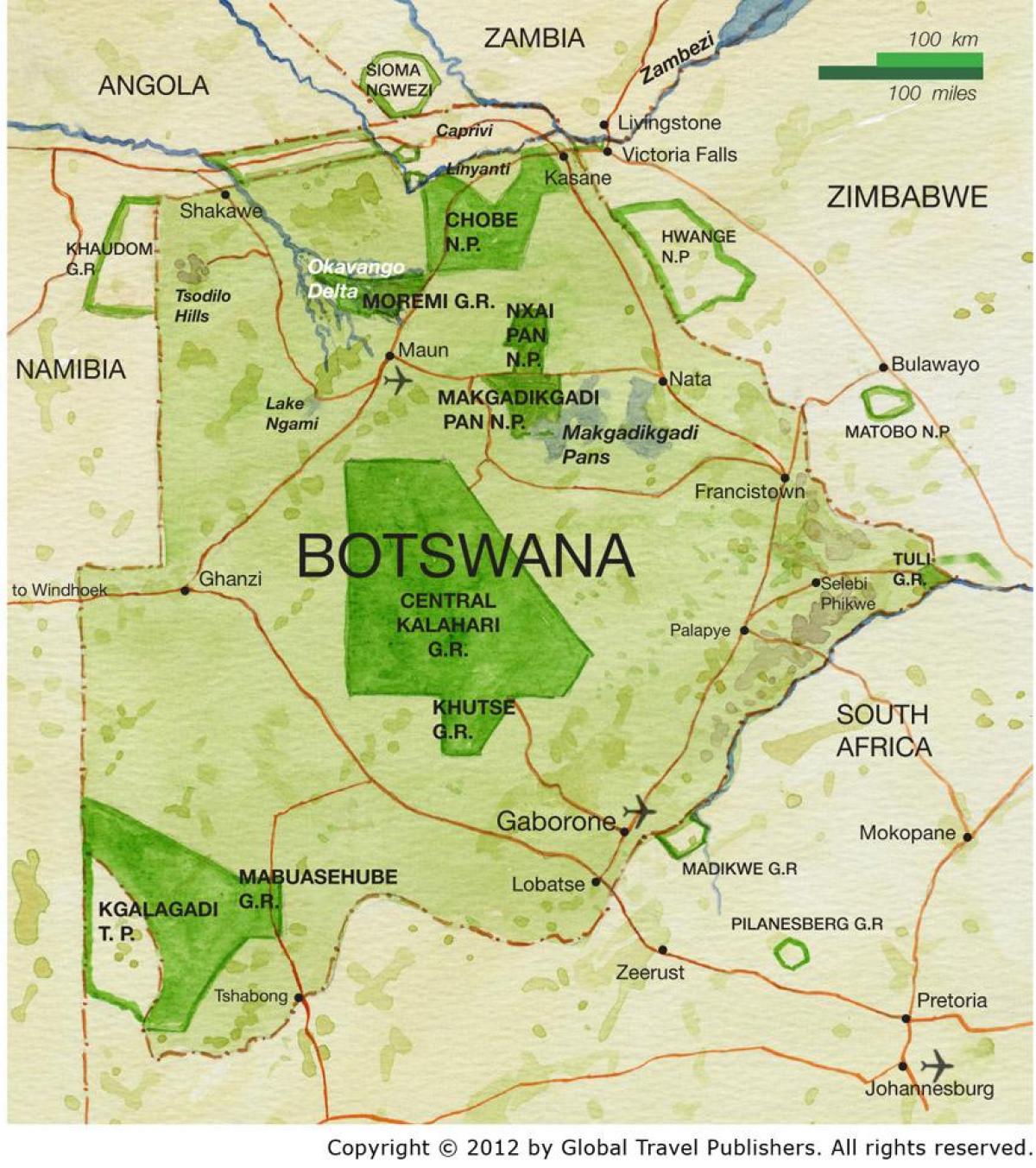 地図ボツワナの野生動物保護区