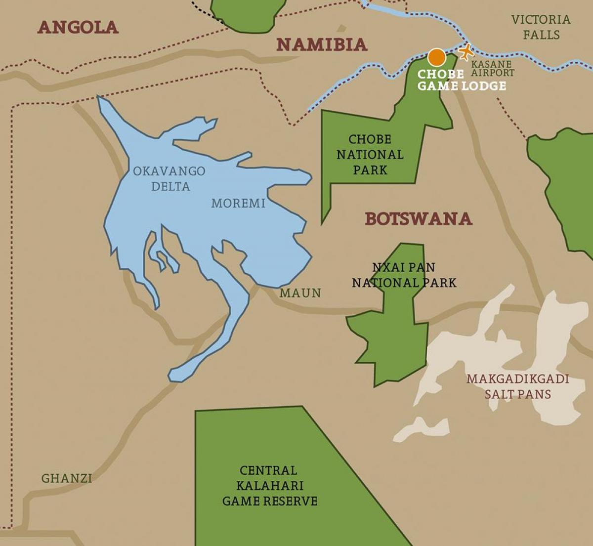地図のボツワナ国立公園地図