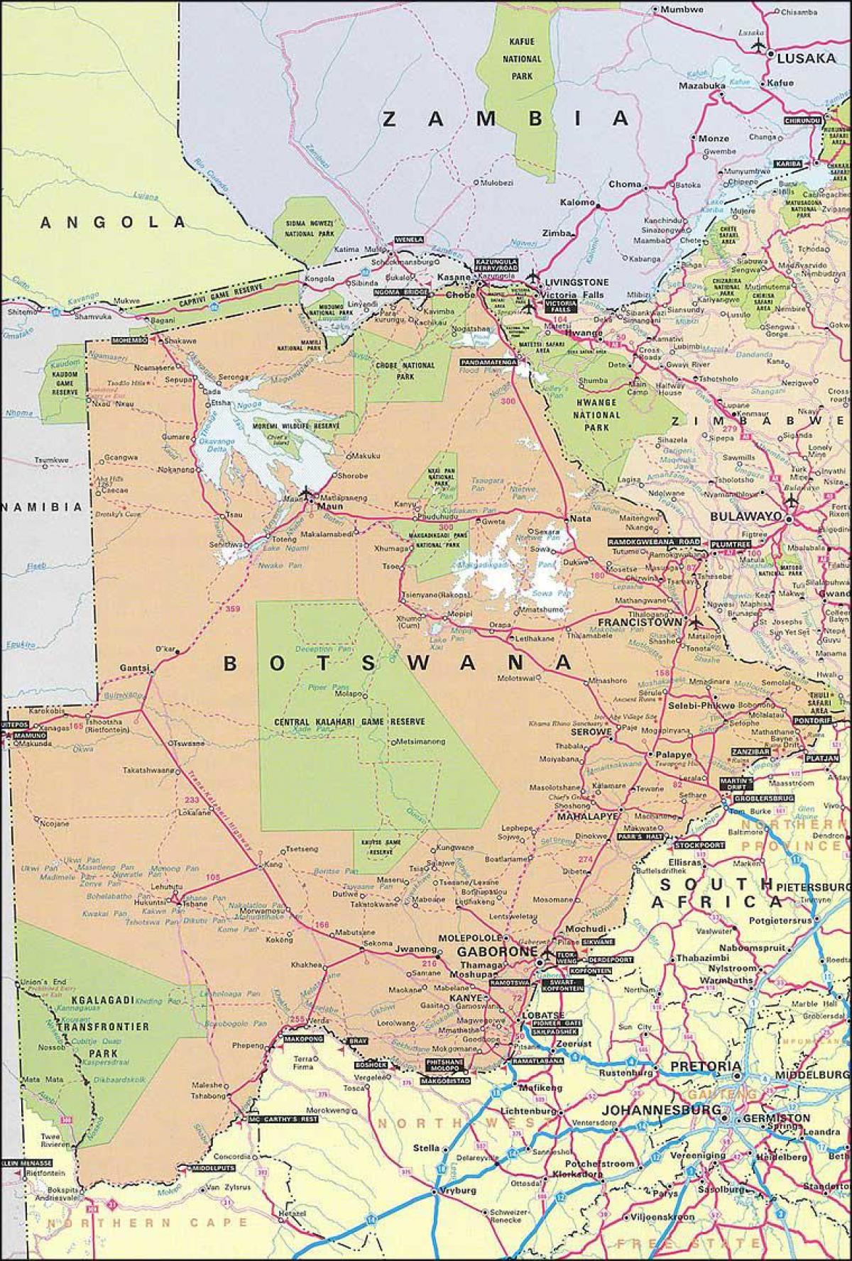地図の詳細な道路地図のボツワナ